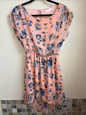 LUSH Floral High Low Dress Size Small Peach Blue Boho Flowy